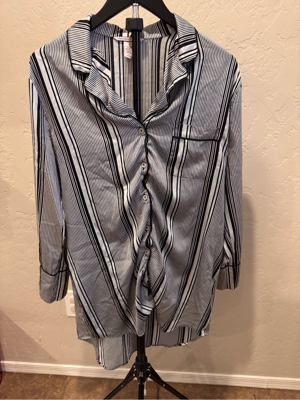 Victoria's Secret Black & White Striped Shirt Garment Ruched Front